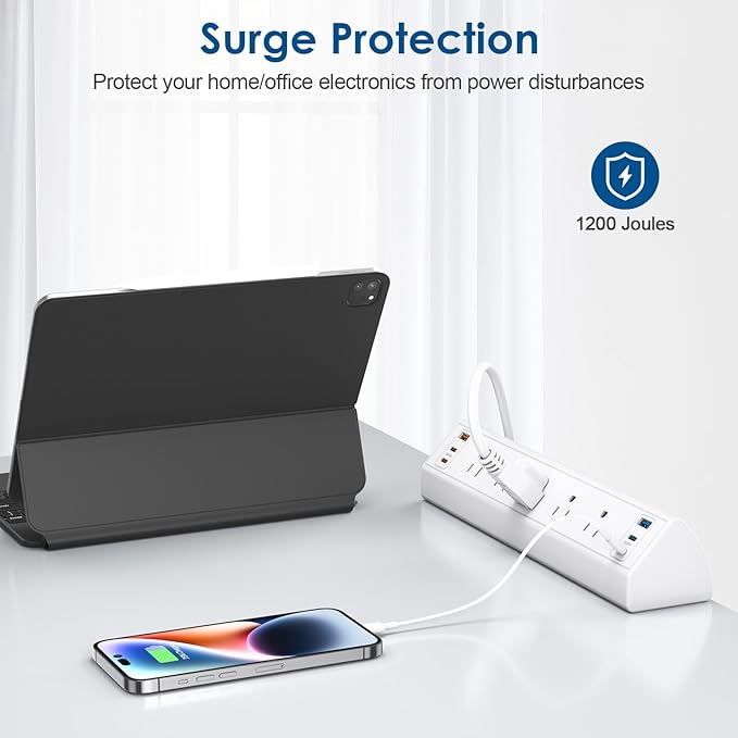 Desk Clamp Power Strip USB C,75W Total Fast Charging Station,45W and 30W USB-C Ports,Desk Edge Mount Power Strip 6-USB Ports,5 AC Outlets Tabletop Surge Protector,Fit 1.6" Tabletop Edge,White