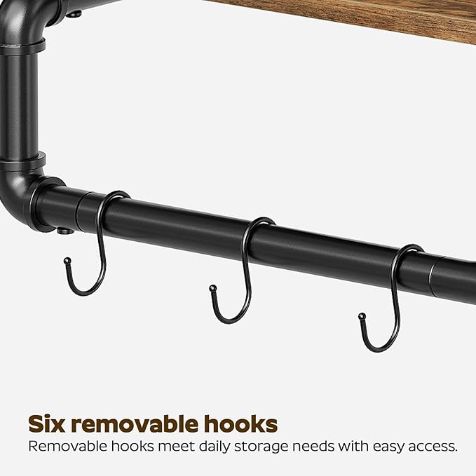 Pipe Clothes Rack, 31.5 in Wall Mounted Garment Rack with Top Shelf, Industrial Clothing Rack with Hanging Rod, Heavy Duty Detachable, Space Saver Hanging Clothes Rack, Rustic Brown FS08BRY1