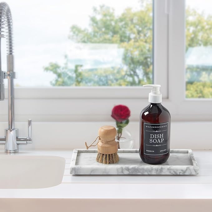 Natural Small Marble Vanity Tray, Luxury Stone Organizer for Bathroom & Kitchen | Holds Soap Dispenser, Jewelry, Perfume | Non-Resin, Non-Ceramic Décor (White, M (11.8" x 5.1" x 0.78"))