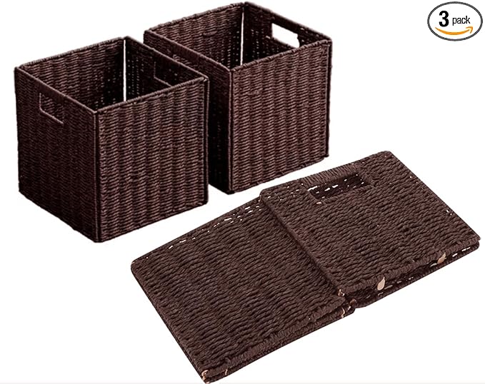 10.5x10.5in Storage Baskets Set of 3 Dark Brown Paper Rope Woven Baskets,Foldable Handwoven Storage Cubes,Wicker Cube Baskets Laundry Organizer Totes for Bathroom, Bedroom, Laundry, Pantry, Shelves