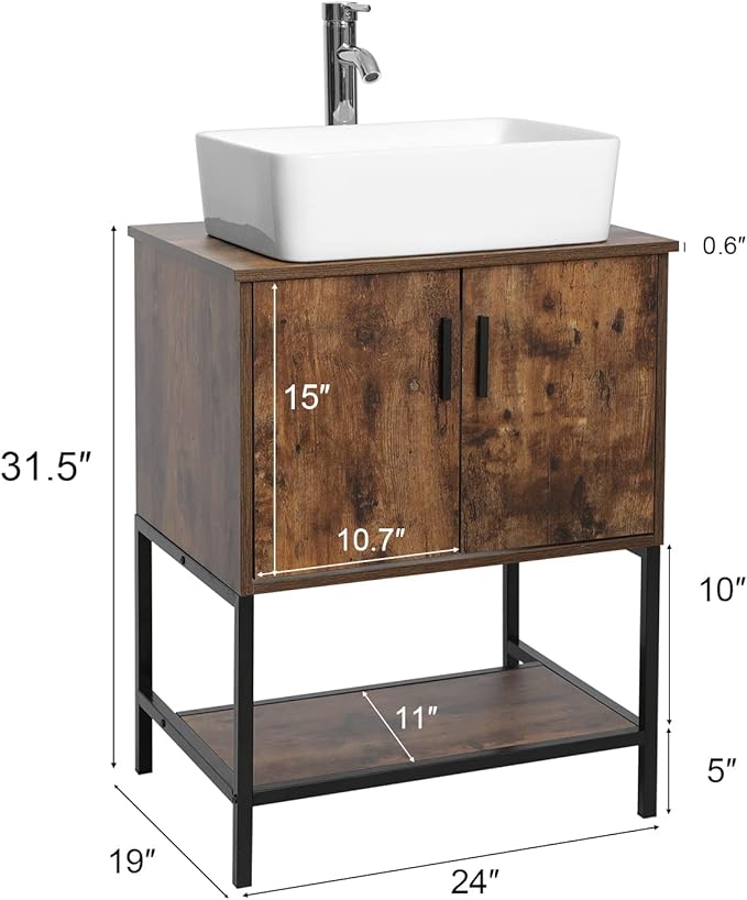 eclife 24" Bathroom Vanity Sink Combo Modern Metal Stand Cabinet W/Bottom Shelf White Rectangle Vessel Sink & Water Save Faucet & Pop Up Drain, Rustic Brown (T03)