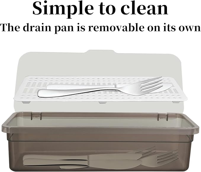 8 Pcs Flatware Tray with Lid Large Plastic Drainer Silverware Utensil Clear Drawer Organizer Cutlery Storage Container Box Dinnerware Holder with Cover for Home Kitchen Travel