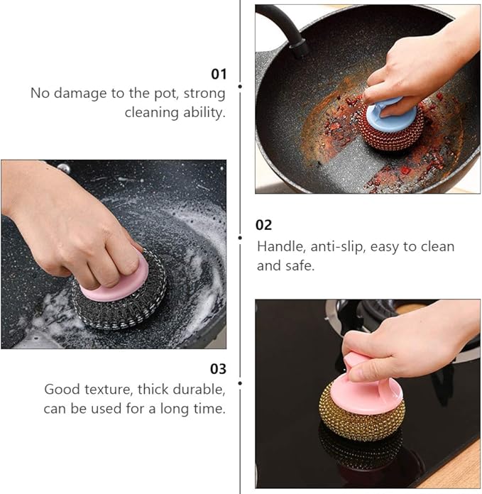 YARNOW 10pcs Stainless Steel Scrubber Metal Sponge Steel Scouring Pad Wire Pot Brush with Handle Kitchen Cleaning Brush for Home Dish Pot Coffee Maker Bowl