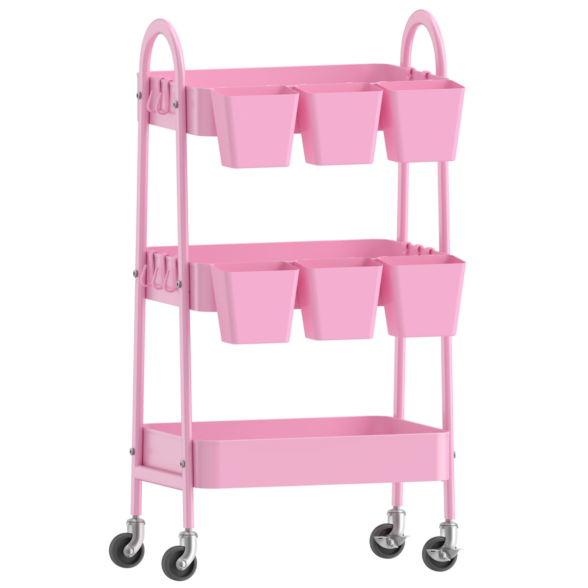 3-Tier Rolling Storage Cart with 6 Removable Bins, Pink Metal - Image 1