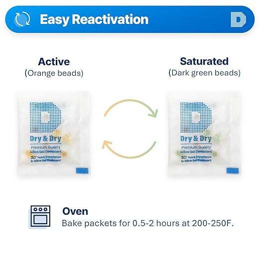 Dry & Dry 3 Gram [500 Packets] Premium Orange Indicating Silica Gel Packets Desiccants - Food Safe Silica Packets Silica Gel Silica Gel Packets
