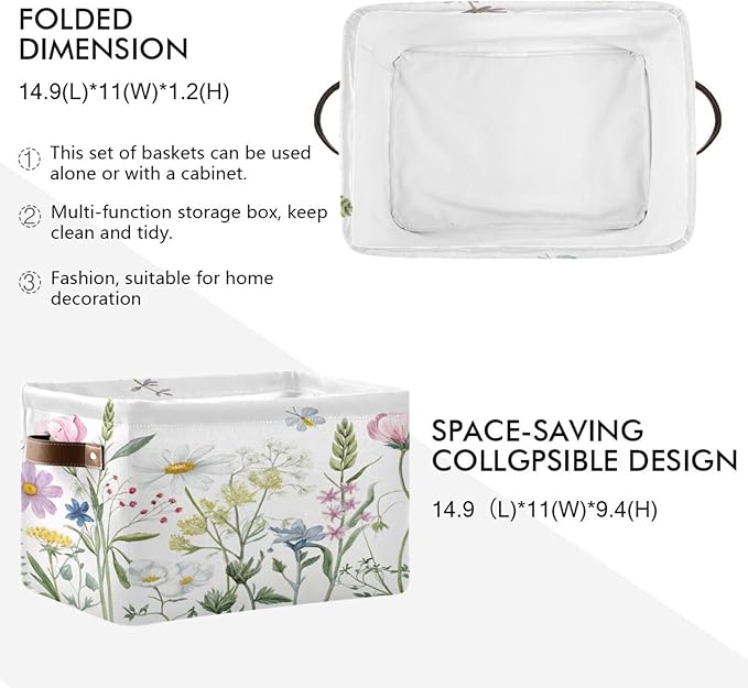xigua Storage Basket Elegant Wildflowers Storage Bin with Handle, Large Storage Cube Collapsible for Shelves Closet Bedroom Living Room 2PCS