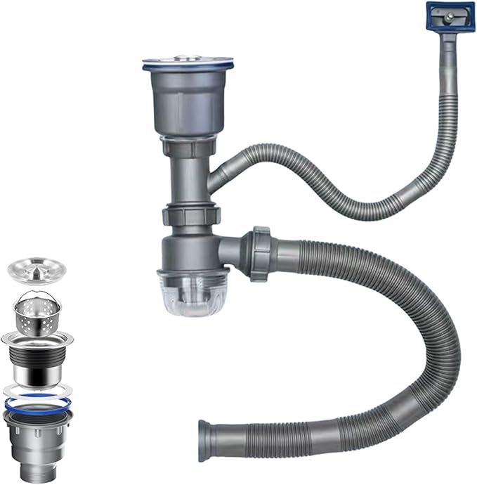 One Sink Kitchen Drainage Kit Space Saving Flexible Drain Pipe Flexible P-Trap Drain Strainer with 3-1/2 Inch Kitchen Sink Drain Assembly kit，Suitable for Kitchen, Bathroom, RV
