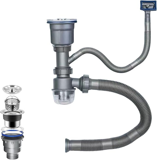 One Sink Kitchen Drainage Kit Space Saving Flexible Drain Pipe Flexible P-Trap Drain Strainer with 3-1/2 Inch Kitchen Sink Drain Assembly kit，Suitable for Kitchen, Bathroom, RV