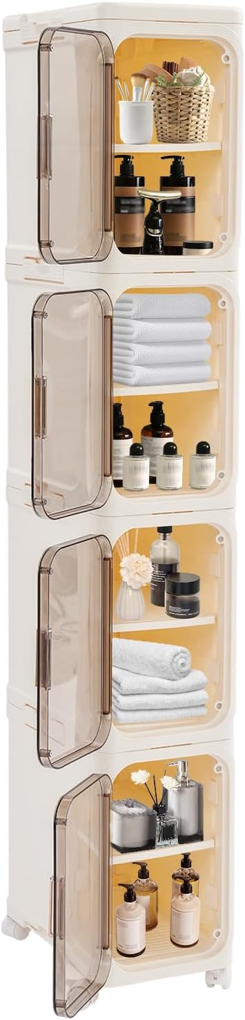 4-Tier Plastic Narrow Storage Cabinet with Movable Wheels & Doors, Tall Slim Bathroom Organizers and Storage Cabinet for Small Space, Bathroom, Kitchen, Laundry (Beige)