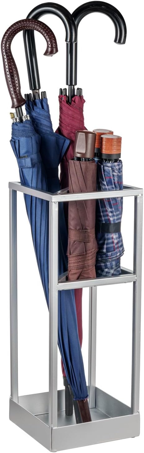 MyGift 20 Inch Tall Modern Silver Tone Metal Geometric Freestanding Entryway Umbrella Rack or Cane Holder with Shelf for Small Umbrellas and Bottom Drip Tray