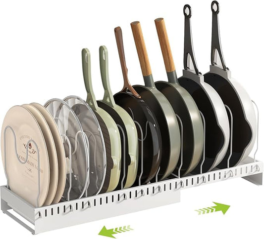 Pots and Pans Organizer Under Cabinet with Drain Board, Expandable Pot Lid Organizer inside Cabinet Holder with 10 Adjustable Compartment, Rack for Cutting Board, Sheet Pan, Cookware, White