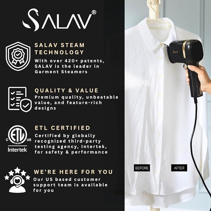 SALAV® Quicksteam Portable Travel Hand Held Garment Steamer for Clothes, 10 seconds Fast Heating Time, Removes Wrinkles on Clothes and Fabrics, No Drip Steam, Stainless Steel Plate