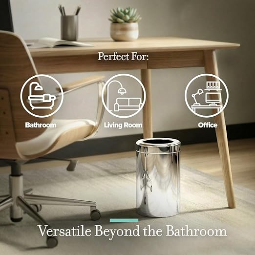 Gatco Small Bathroom Trash Can with Lid, Round 3 Gallon Stainless Steel Wastebasket, Under Sink, Chrome, for Bathroom, Bedroom, Office (1910)