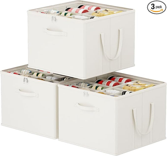 Lifewit Shoe Storage Organizer for Closet, Fabric Large Shoe Box Storage Containers with Clear Cover, Foldable Bins for Boots Heels Sneakers Fits 36-48 Pairs (Each 12-16 Pairs) 3 Pack White