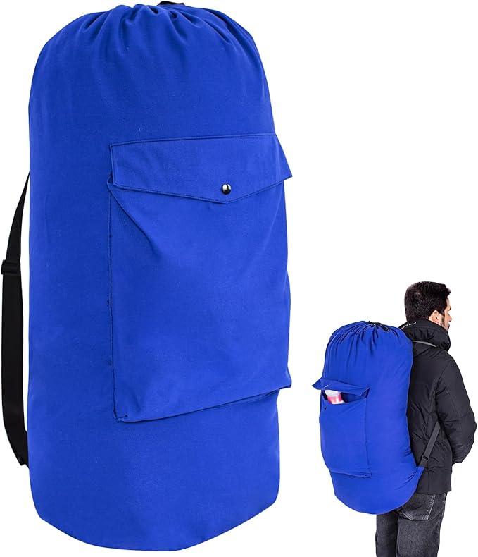 Sanlykate Canvas Backpack Laundry Bag - Extra Large Durable Dirty Clothes 2-3 Days Capacity with Adjustable Shoulder Strap & Front Pocket, for College Dorm, Apartment, Laundromats, Camping Travel