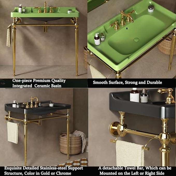 36" Bathroom Console Sink, Wall-Mounted Green Ceramic Vanity Basin with 3 Pre-drilled Faucet Holes, Freestanding Chrome Stainless Steel Support Legs with Towel Bar, No Faucet - Rome, Green