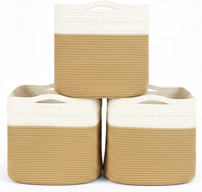 danpinera 3-Pack Cube Storage Bins, 13"x13" Cotton Rope Woven Baskets for Organizing, Square Storage Baskets for Shelves, Books, Towels, Clothes, Toys, White & Khaki