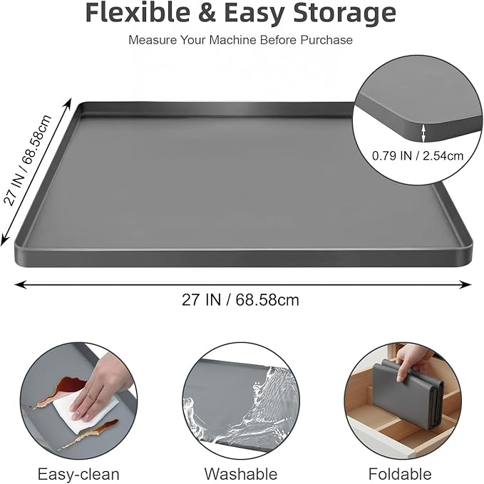 2-Pack 27x27 Inch Washer Drain Pan Silicone Mat, Anti-Vibration, Foldable, Non-Slip Leak Proof Tray with 0.78 inch Raised Edge, Dishwasher Safe Gray Mat for Under Washing Machine and Dryer