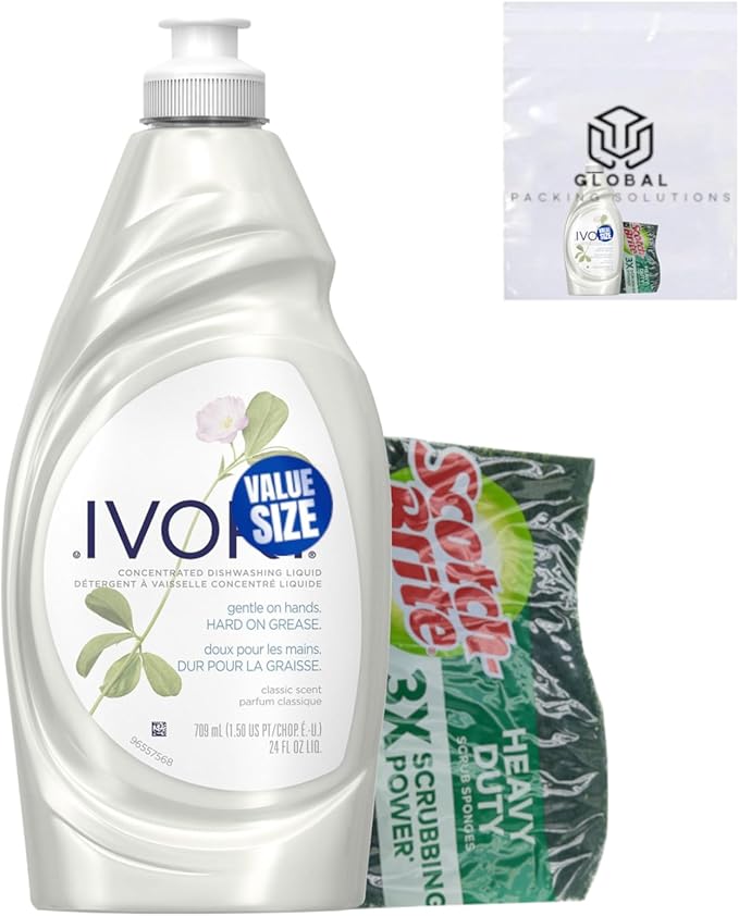 Ivory Grease Cutting Dish Soap, Classic Scent, 24 Fl Oz bundled with Heavy Duty Scotch Brite Sponge