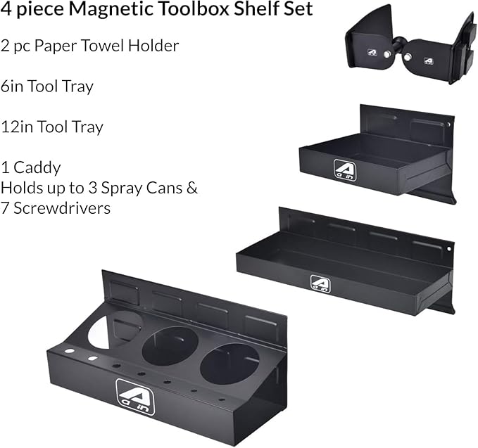 A A in 4-Piece Magnetic Toolbox Tray Set, Tray and Holder, Magnetic Toolbox Shelf Tool Box Cabinet Side Shelf Storage for Tool Organizer, Garage, 2 Trays, Can Caddy, Paper Towel & Screwdriver Holder
