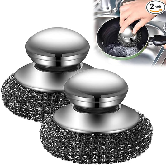 2025 New Stainless Steel Wool Scrubber with Handle, Heavy Duty Scrubber Detachable Metal Steel Scrubber Wool Pads for Cleaning Dishes, Cast Iron Pots, Stoves, Kitchen Sink (2 Pcs)
