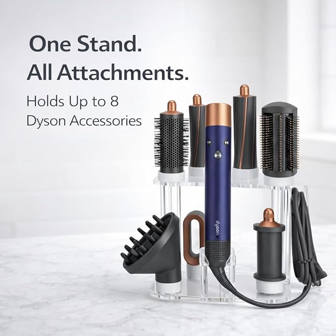 Storage Holder for Dyson Airwrap Organizer with 8 Slots, Clear Acrylic Wall Mount Or Freestanding Stand Fits Shark Hair Dryer Holder, Silicone Pads for Bathroom Vanity Countertop