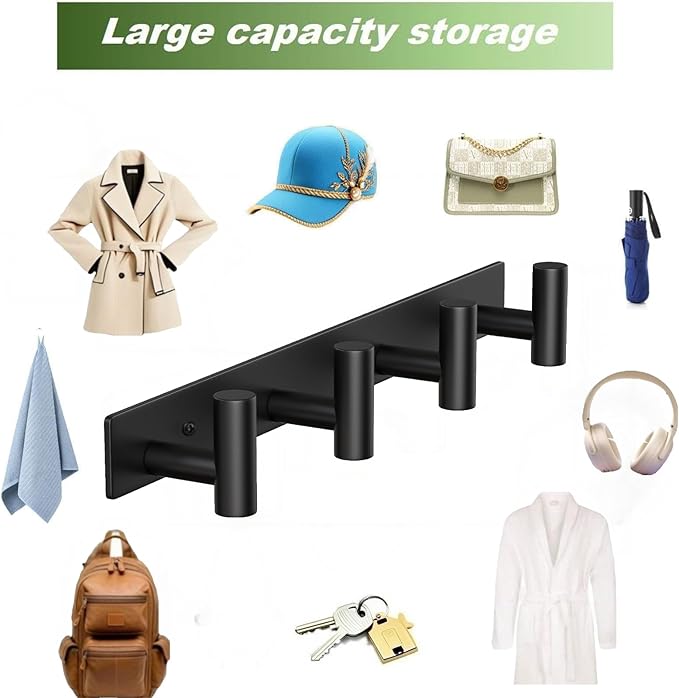Coat Rack Wall Mounted-4 Hooks, Heavy Duty Stainless Steel Wall Hooks for Towel Coat Bag, Hat Rack Coat Hanger Coat Hooks Towel Racks for Bathroom Entryway Kitchen Hotel (Black, 2 Packs)