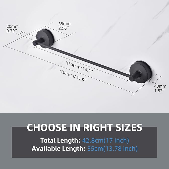 YOHOM Suction Cup Towel Bar for Shower 17 Inch Stainless Steel Bathroom Towel Rack Suction Washcloth Holder Vacuum Hand Towel Bar for Glass Shower Door Removable Towel (17inch-Black)