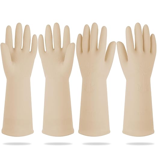 Mamison 2 Pairs Reusable Waterproof Household Dishwashing Cleaning Rubber Gloves, Non-Slip Kitchen Glove (Ivory, Small (Pack of 2))