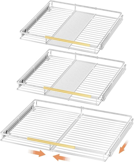 SANNO Slide Out Cabinet Drawer, Expandable Pull Out Cabinet Organizer,Bottom-Mounted Shelf for Kitchen Cabinet or Under Sink,Stainless Steel,Expandable Width 14.16" to 24.16"