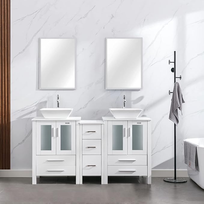 eclife 60" Modern Bathroom Vanity Sink Combo Freestanding Cabinet with Small Side Cabinet, White Square Ceramic Vessel Sink, Water Save Faucet, Drain (White+A07)