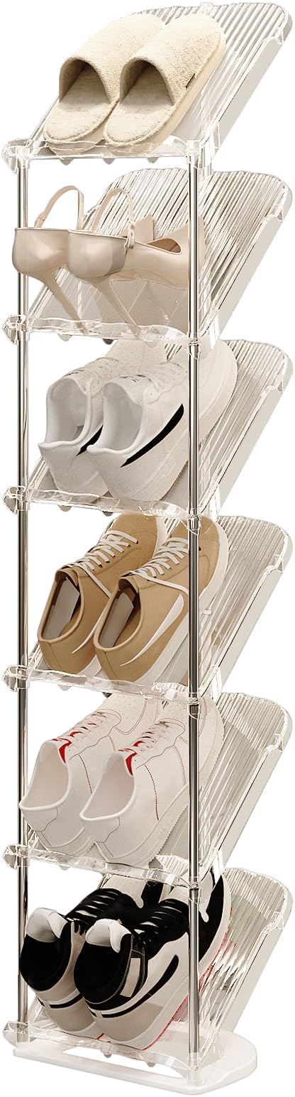YYW Narrow Shoe Rack Vertical Shoes Rack for Entryway Corner Shoe Storage Organizer for Small Spaces Transparently Tall Slim Shoe Shelf for Front Door Entrance Living Room White 6 Layers
