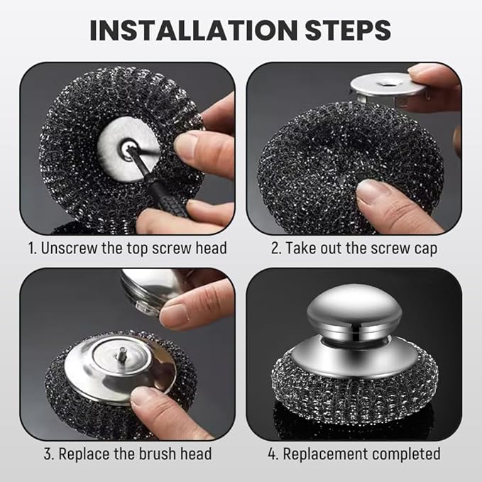 2025 New Stainless Steel Wool Scrubber with Handle, Heavy Duty Scrubber Detachable Metal Steel Scrubber Wool Pads for Cleaning Dishes, Cast Iron Pots, Stoves, Kitchen Sink (3 Pcs)