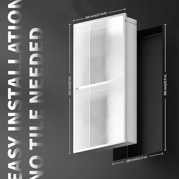 Homevacious 12"×24" Stainless Steel Shower Niche No Tile Needed White Double Shelves Bathroom Shelf Rimless Recessed Wall Niche for Bathroom Storage