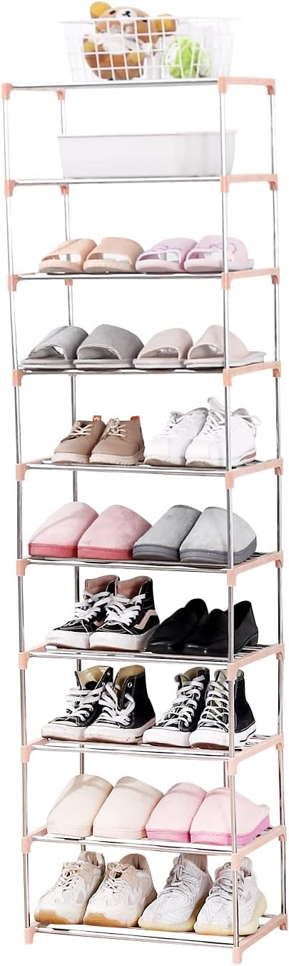 Stackable Small Shoe Rack, Entryway, Hallway and Closet Space Saving Storage and Organization (10-Tier, Pink)