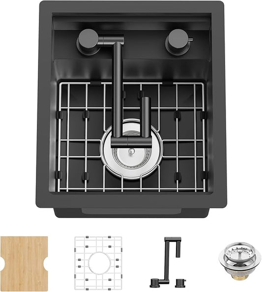 Black RV Kitchen Sink, 13x15In Stainless Steel Undermount Single Bowl Space-Saving Workstation Kitchen&Bar Sink Come With Foldable Faucet,Cutting Board,SS Grid Nice For RV,Tiny Home,Small Bar