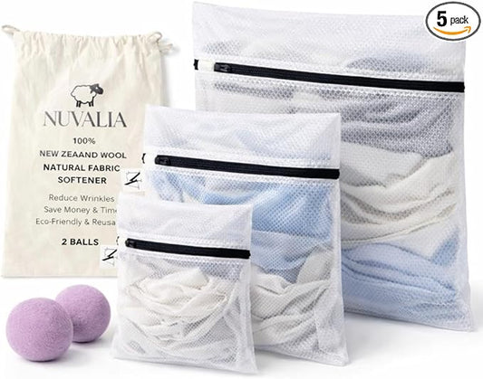 Mesh Laundry Bags for Delicates + 2 wool dryer balls laundry reusable – Fabric Protection for Washing Machine & Dryer - Laundry Care Set