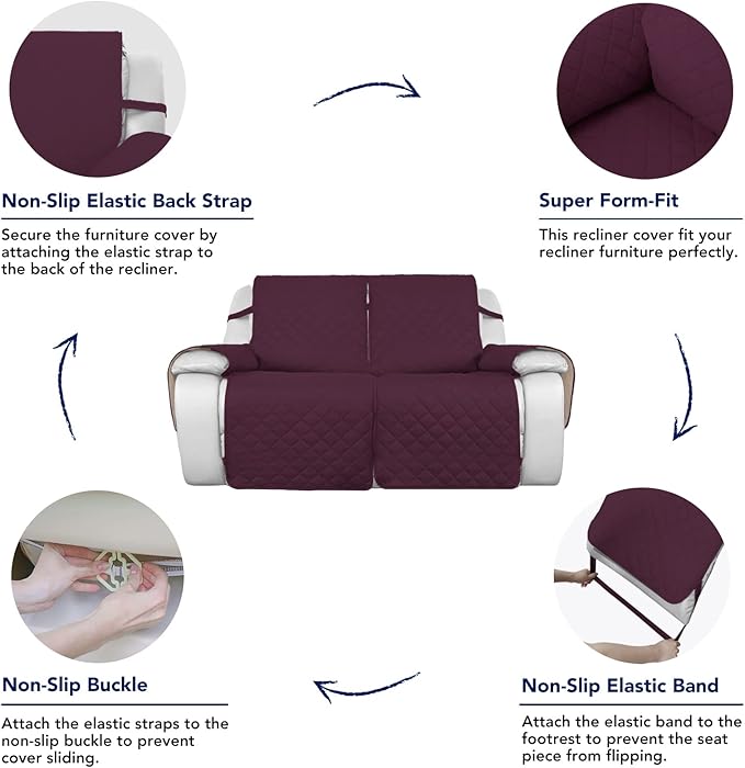 PureFit Water Resistant Reversible Sofa Covers for Reclining Sofa 2 Seat - Non Slip Split Recliner Couch Cover for Double Recliner, Washable Furniture Protector for Kids, Dogs (2 Seat, Wine/Beige)
