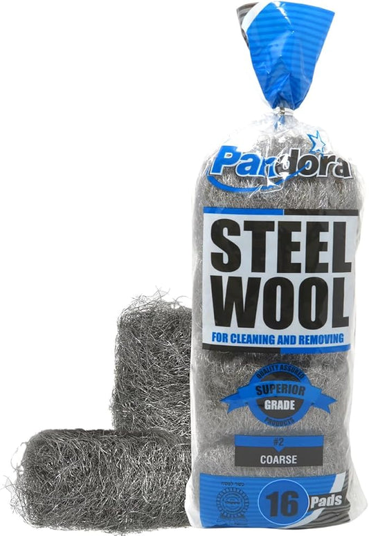 Pandora Steel Wool #2 – Coarse Grade, 16 Pads for Cleaning and Removing - Quality Metal Strands - Ideal to Remove Floor Scuff Marks and Old Wax