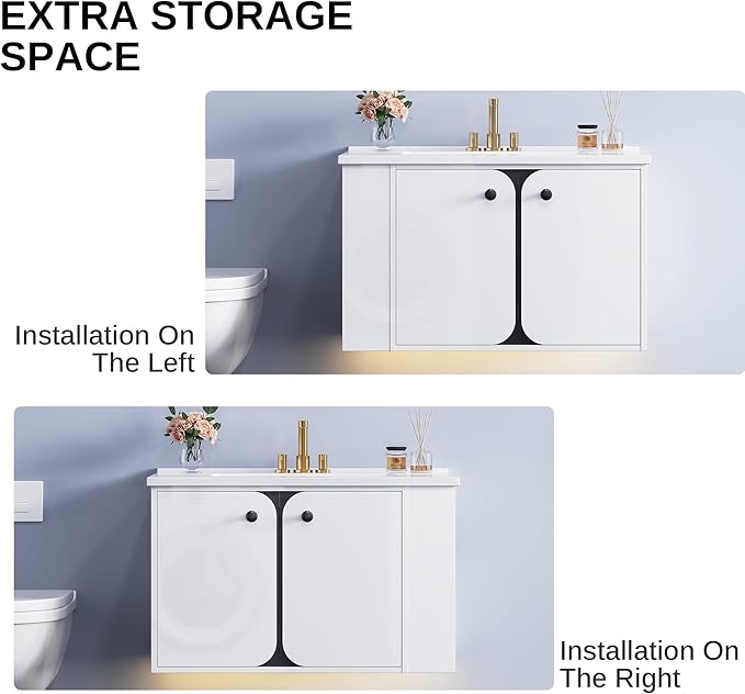 IRONCK 30 Inch Bathroom Vanity with Sink, Wall Mounted Floating Vanity with LED Light & Open Side Shelf, High Gloss Modern Bathroom Cabinet for Small Space, White