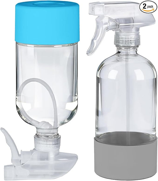 2 Pack 360° Glass Spray Bottles with Silicone Sleeve, 16 oz Empty Refillable Containers with Adjustable Spray Nozzles, Spray Bottles for Hair, Cleaning Solutions and Plants Grey&Blue