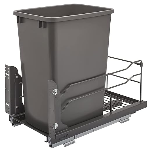 Rev-A-Shelf Pullout Trash Can for Under Kitchen Cabinets 35 Qt. 8.75 Gallon with Soft-Close Slides and Rear Storage, Orion Gray, 53WC-1535SCDM-113