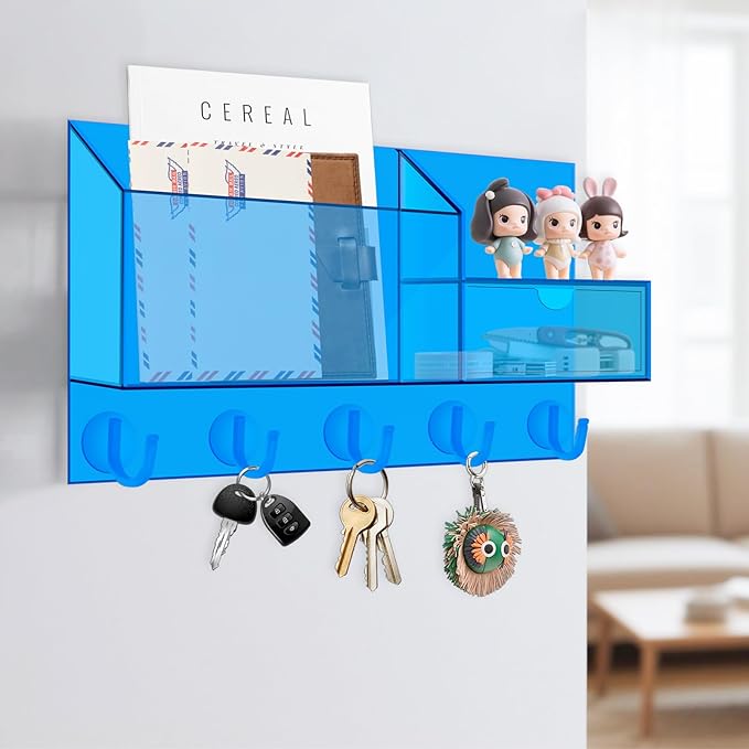 Acrylic Key Holder Wall Mount Mail Organizer for Wall with Shelf Storage Drawer and 5 Hooks, Blue