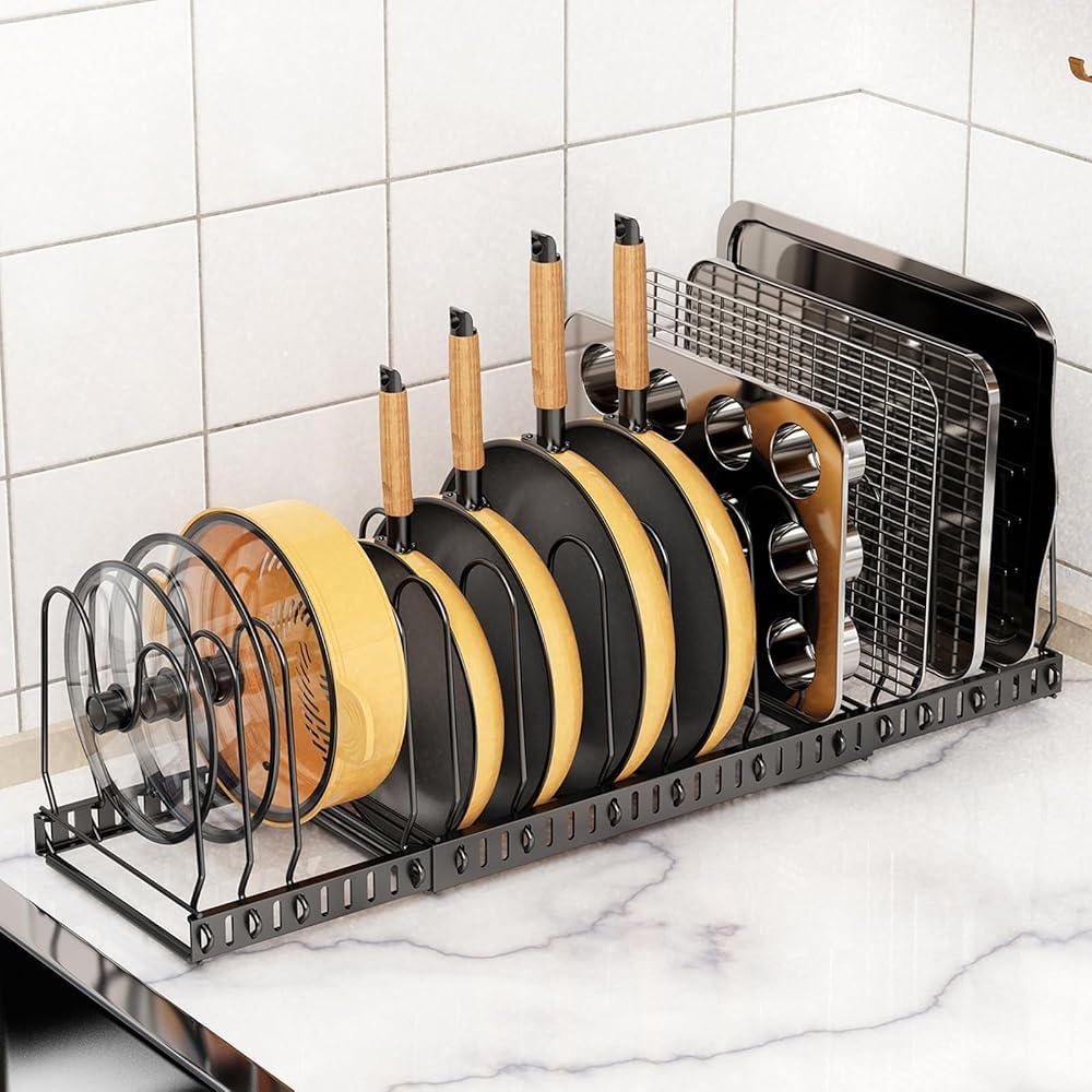 Pot and Pan Organizer Rack for Cabinet, 3 Expandable Pot Lid - Image 1