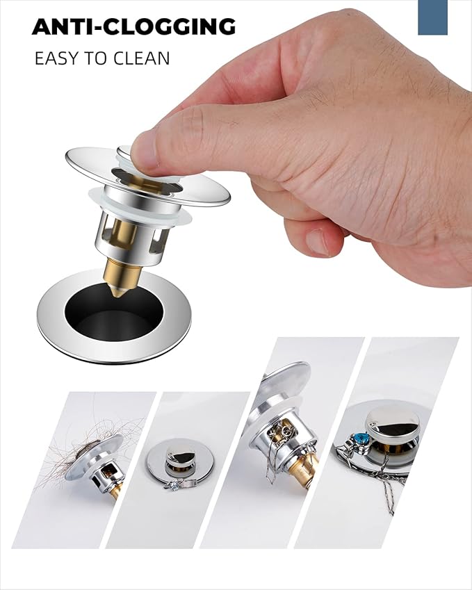 Hibbent 2 Pack All Metal Universal Bathroom Sink Stopper for 1.1''~2.3'' Basin, Pop Up Sink Drain Strainer, Brass Bullet Core Push Type Stopper, Stainless Steel Anti Clogging Drain Filter, Chrome