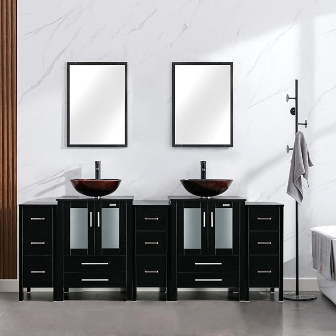 eclife 84" Modern Bathroom Vanity Sink Combo Freestanding Cabinet with Small Side Cabinet, Brown Round Glass Vessel Sink, Water Save Faucet, Drain (Black+A09)