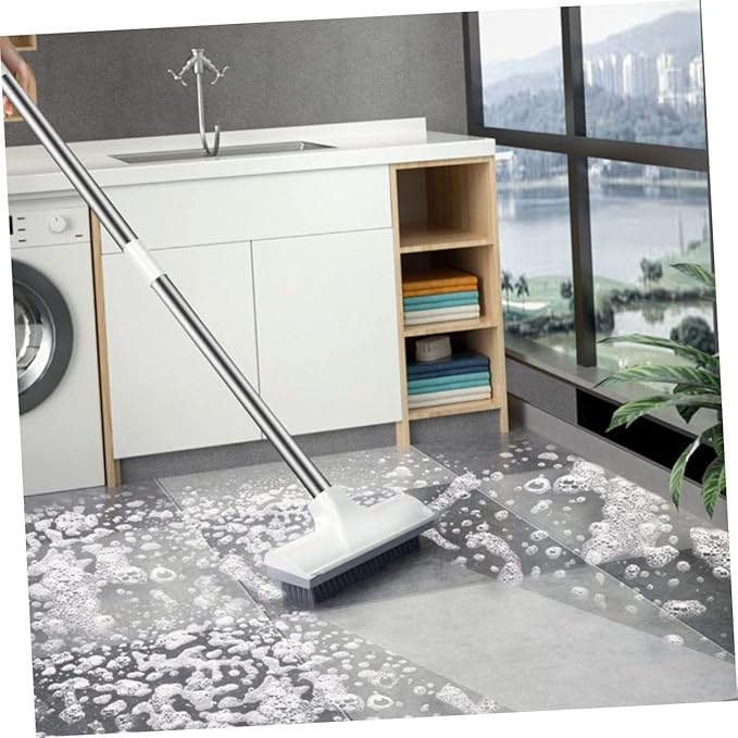 Healifty Floor Scrub Brush with Long Ergonomic Handle for Bathroom and Stiff Bristles Scrubber and Scraper Combo for Tile Grout Bathtub and Floor Corners Space Saving Hanging Design