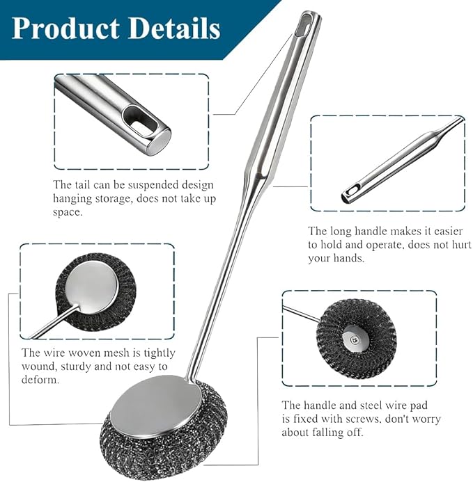 6Pcs Steel Wool Scrubber with Long Handle - Stainless Steel Scrub Brush Set for Scouring Stubborn Messes from Cast Iron, Pots & Pans, BBQ Grill, Sink (1 Scrubber + 4 Pads + 1 Screwdriver)