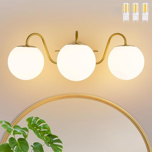 3 Lights Vintage Bathroom Vanity Light Fixtures Over Mirror, Brushed Gold Vanity Lights For Bathroom With Milk White Glass Globe Shade, Wall lights For Bedroom, Hallway, Dressing Table,Includ G9 Bulbs