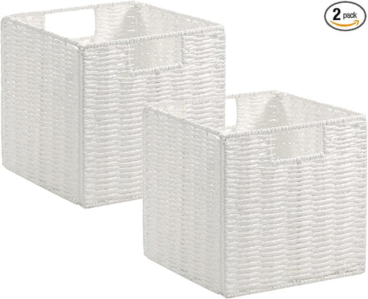 Vagusicc Wicker Storage Basket, Set of 2 Hand-Woven Wicker Baskets for Organizing, Foldable Cube Storage Basket Bins, 13 Inch Large Wicker Storage Baskets for Shelves & Decor, White (13''x13''x13'')